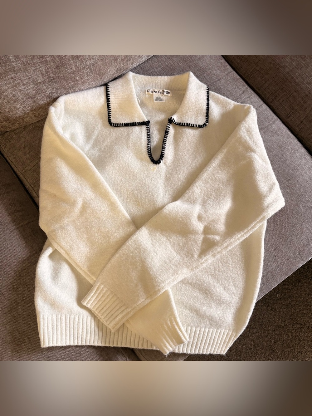 White Polo-Collar Sweater with Black Trim